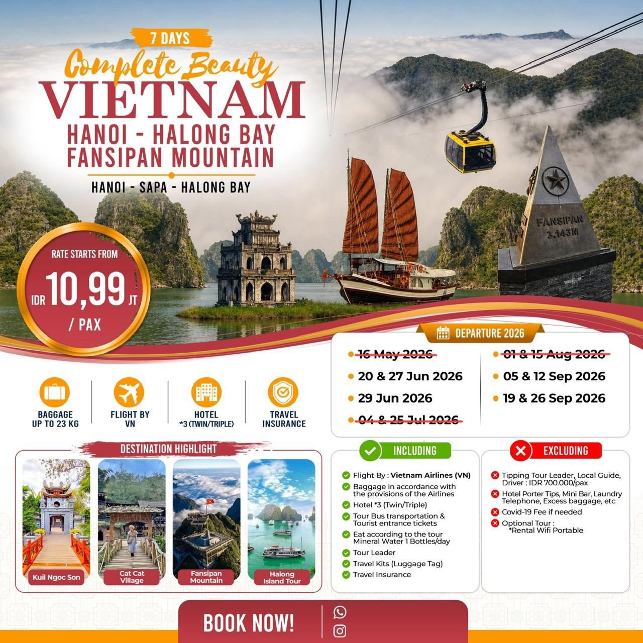 Paket Wisata 7D COMPLETE BEAUTY VIETNAM HANOI - HALONG BAY FANSIPAN MOUNTAIN