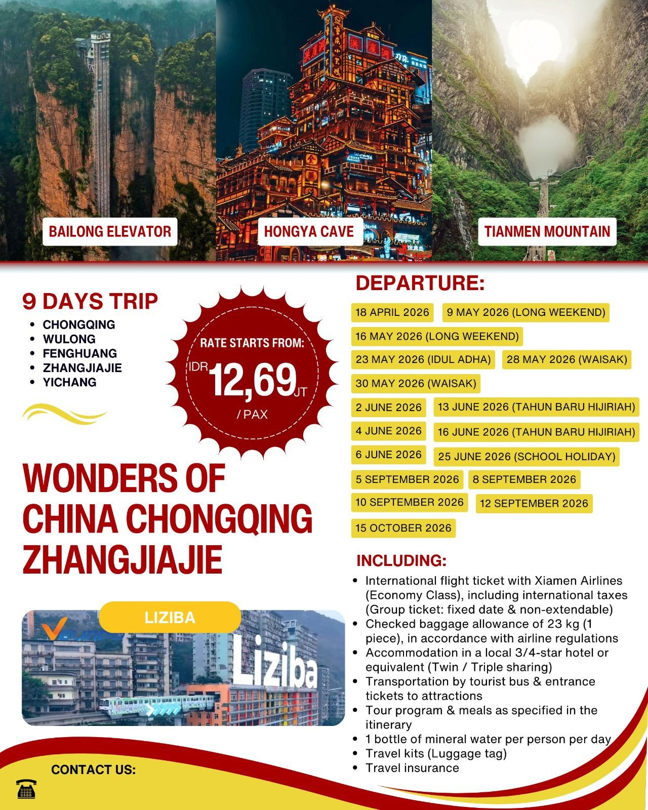 Paket Wisata 9D WONDERS OF CHINA CHONGQING ZHANGJIAJIE